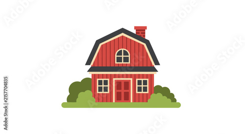 Isolated red barn house with arched window and chimney, surrounded by green bushes and grass. Rustic farm building illustration.