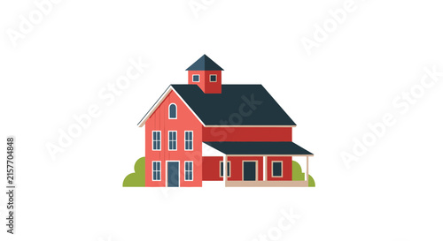 Isolated Red Barn House with Dark Roof and Small Cupola, Vector Illustration