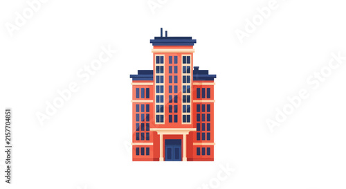 Isolated Red Brick Apartment Building with Blue Roof and Windows - Vector Illustration