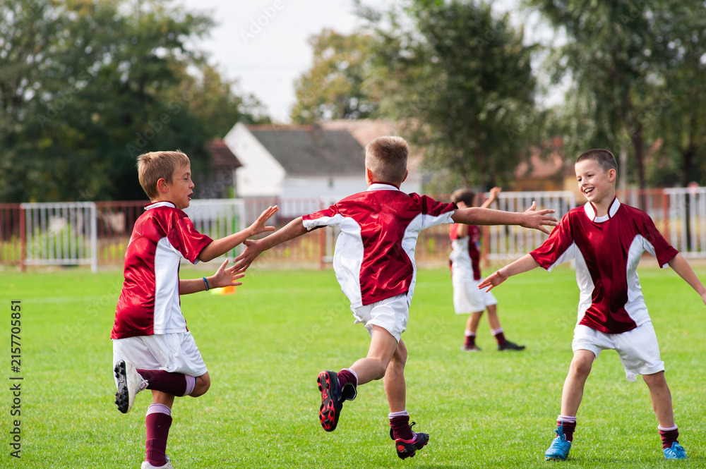 Fototapeta premium Young Boys Playing Soccer on a Grass Field
