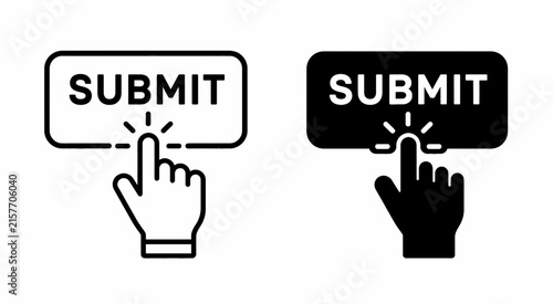Flat vector illustration of a finger clicking a SUBMIT button, representing online submission and digital actions, with Indonesian flag colors for Kemerdekaan Indonesia
