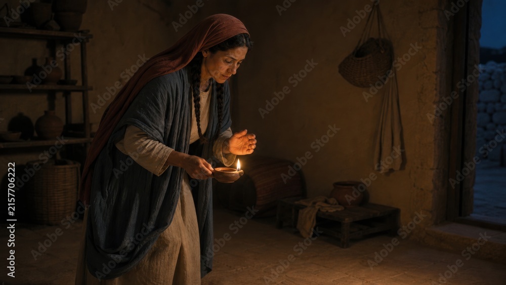 Fototapeta premium Biblical woman searching a humble home with an oil lamp for a lost coin. Parable of the lost drachma from the Gospel of Luke, symbolizing repentance, redemption, and heavenly joy.