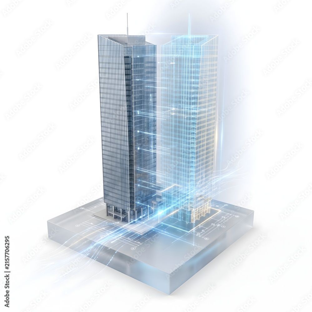 Fototapeta premium Digital Twin Skyscraper with Holographic Architecture and Real Estate Technology
