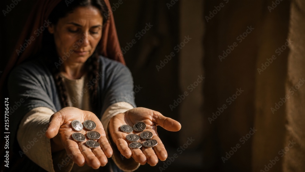 Fototapeta premium Biblical woman holding ten silver coins in open hands. Parable of the lost drachma symbolizing redemption, repentance, spiritual value, and heavenly joy from the Gospel of Luke.