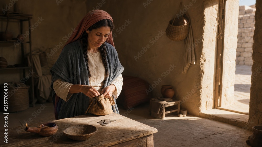 Fototapeta premium Woman searching for a lost coin in a biblical home. Parable of the lost drachma from Luke 15. Ancient Middle Eastern interior illustrating repentance, discovery, and heavenly joy.