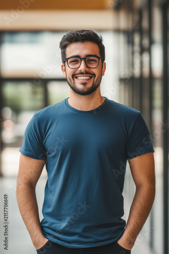 Portrait of a cheerful young bearded man with modern glasses wearing a casual blue t-shirt with hands in pockets outdoors in urban setting