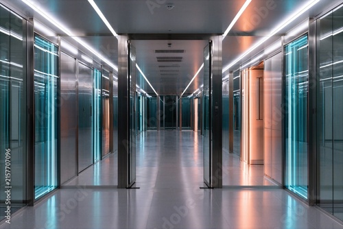 Advanced server room facility and data center corridor with illuminated glowing neon light trails inside a high tech security control room