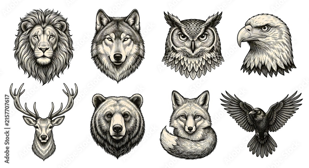 Obraz premium Vintage Engraving Wildlife Animal Portrait Set with Lion Wolf Owl Eagle Deer Bear Fox and Raven on White 
