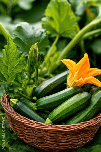 Freshly harvested zucchini and squash blossoms arranged in a rustic woven basket, surrounded by lush green leaves and garden plants in a natural setting