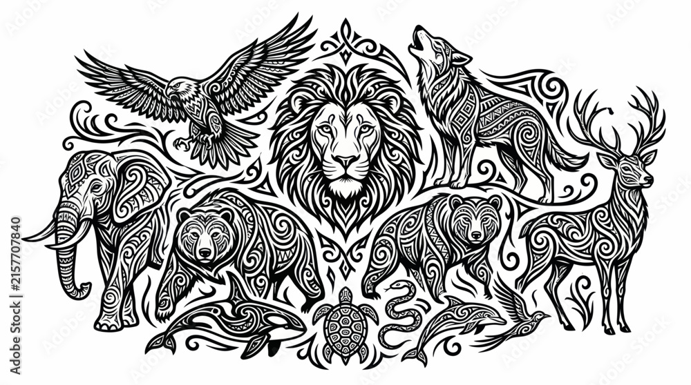 Obraz premium Majestic Wildlife Collage: Lion, Eagle, Elephant, Bear, Wolf, Deer, Orca, Turtle, Snake, Dolphin, Bird - Tribal Art Style
