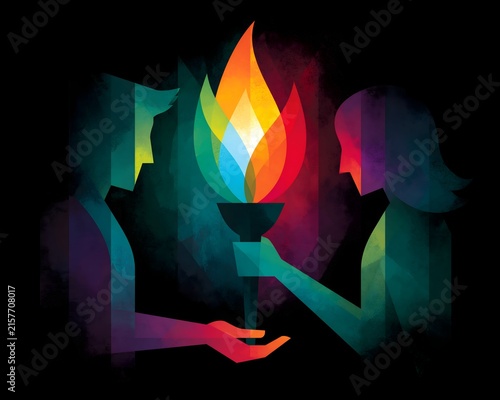 Silhouette figures passing colorful torch flame illustration symbolizing leadership mentorship and teamwork