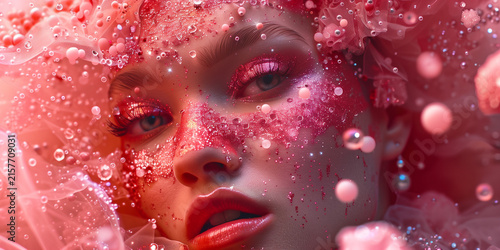 Artistic beauty macro shot of a gorgeous woman submerged in pink glittering water with water bubbles and shimmery makeup on her face