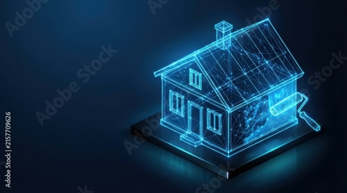 Glowing blue 3D wireframe smart home model showcases AI-driven architecture for digital science and high-tech innovation projects.