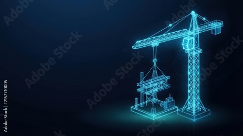 Glowing blue 3D wireframe crane and digital framework on dark tech background perfect for AI, machine learning, and futuristic innovation visuals.