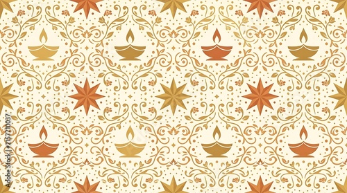 Seamless pattern with traditional oil lamps and floral ornaments for Diwali celebration