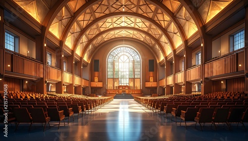 Grand cathedral interior with stained glass windows and ornate arches.