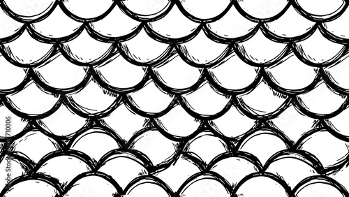 Abstract Black and White Hand-Drawn Seigaiha Scale Seamless Pattern Background