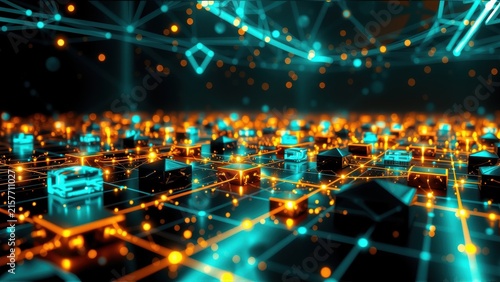 Abstract digital landscape. Glowing lines connect geometric shapes, creating futuristic network visualization. Dark background enhances vibrant colors.