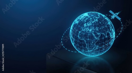 Futuristic 3D wireframe globe with satellite orbiting in glowing blue, perfect for AI, digital innovation, and high-tech presentations.