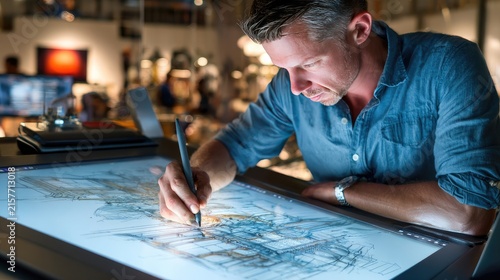 Digital Artist at Work: A focused male artist meticulously sketches on a large, illuminated digital drawing tablet, immersed in his creative process, surrounded by the ambient light of a studio.