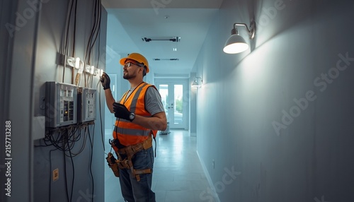 Wide-angle view of an electrician performing electrical maintenance throughout a modern house