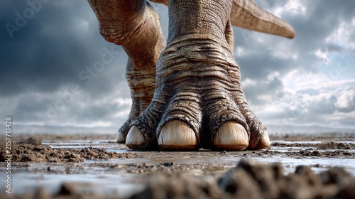 Prehistoric Footsteps: A colossal dinosaur's clawed foot dominates the frame, stepping onto muddy ground under a dramatic, cloudy sky. The low-angle shot emphasizes its immense size and power.