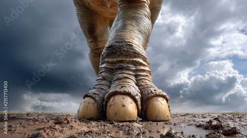 Footsteps of a Giant: A colossal dinosaur's foot, with rough, scaled skin and three powerful toes, lands heavily on muddy ground beneath a dramatic, stormy sky.
