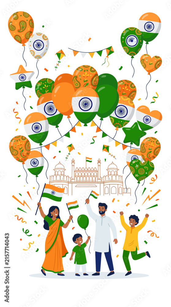 Naklejka premium Indian family celebrates Independence Day with national flags.