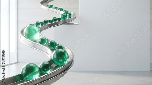 Curved metallic track with shiny green glass marbles rolling down
