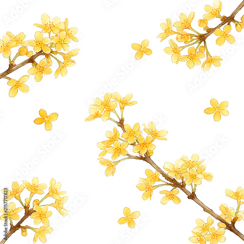 Plakat w ramie 白い背景に、水彩画のような温かみのある黄色の金木犀の花と細い枝がシンプルに舞い散るシームレスパターン