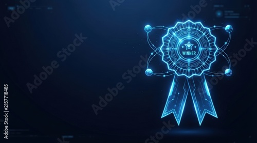 Stunning 3D glowing blue futuristic winner ribbon with wireframe tech design perfect for AI, digital innovation, and high-tech marketing visuals.