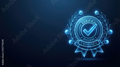Glowing blue futuristic verified success badge with wireframe graphics symbolizing achievement in AI, digital innovation, and high-tech projects against dark background.