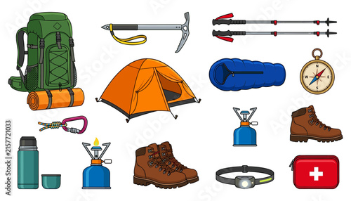 Canvastavla Mountain Climbing and Wilderness Camping Gear Icon Set with Backpack, Tent, Ice
