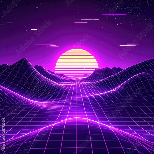 Retro Futuristic Neon Grid Landscape with Sunset.