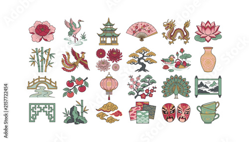 Traditional Chinese and East Asian Culture Vector Icon Set featuring Dragon Phoenix Pagoda Lantern Lotus and Decorative Vintage Elements