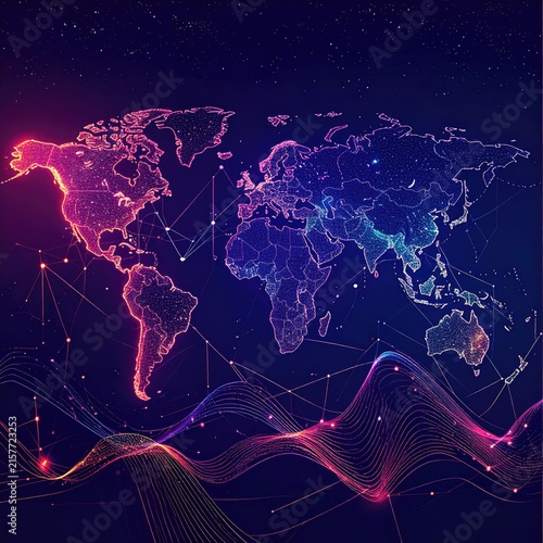 Global Network Connections and Digital Data Flow Across Continents.