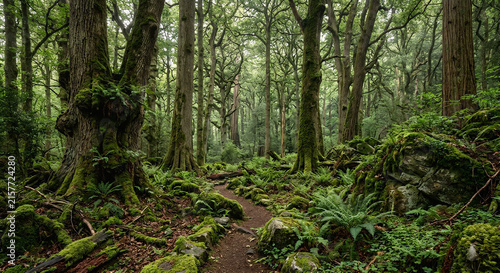 Ancient forest with towering trees and moss-covered rocks, soft diffused sunlight, tranquil atmosphere, highly detailed natural textures.