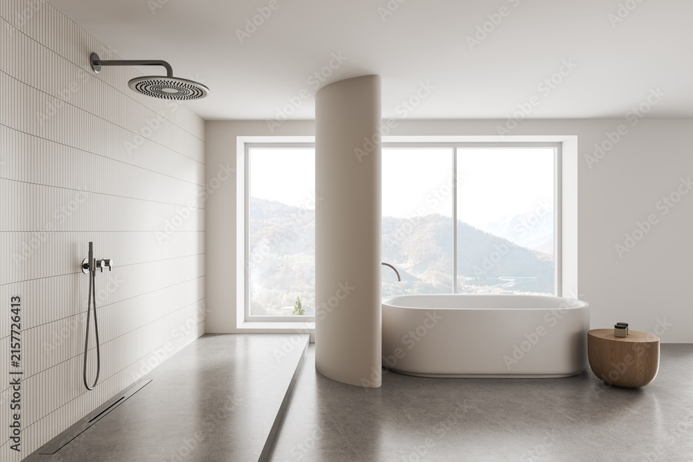 Fototapeta premium Contemporary minimalist bathroom interior with freestanding bathtub, walk-in shower, mountain view, and refined neutral architectural design. 3D Rendering