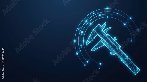 Glowing blue 3D wireframe caliper symbolizes precision in AI, digital science, and high-tech innovation against dark tech background perfect for stock.