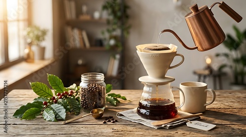 Artisanal Pour Over Coffee Brewing Process with Copper Kettle