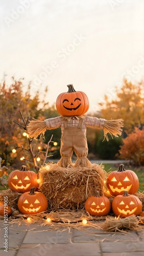 Halloween pumpkin lantern scarecrow autumn day courtyard decoration