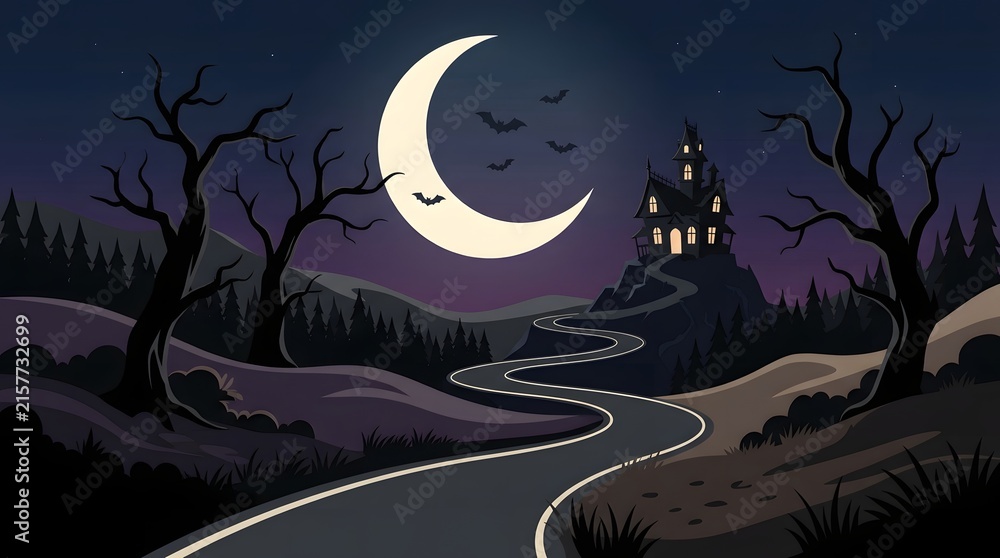 Fototapeta premium A captivating halloween night scene featuring a crescent moon spooky trees a haunted house and a winding road perfect for festive designs