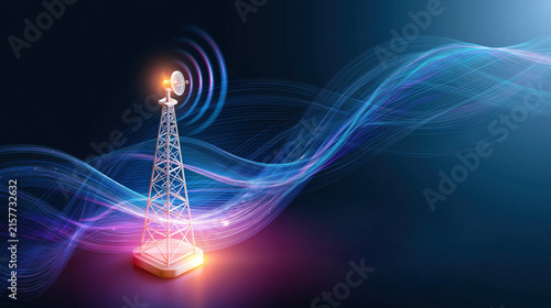 Wireless communication tower with glowing signal waves on dark background