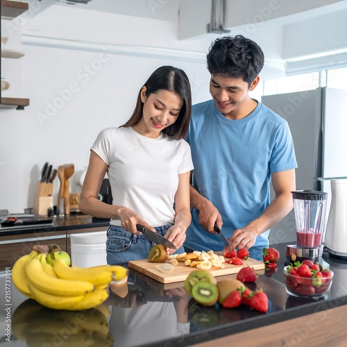 Chefs preparing fresh fruit salad together in kitchen.