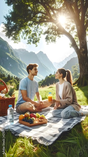 Family enjoying outdoor picnic with fresh food.