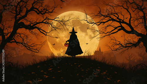 spooky Halloween Witch with Pumpkin Lantern and Haunted House/ Gothic Halloween Night with Witch Silhouette, Full Moon and Dead Trees