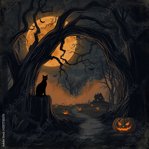 Spooky Haunted Forest with Jack-o'-Lanterns, Black Cat and Full Moon/ Haunted Forest Halloween Scene with Glowing Pumpkins and Black Cat