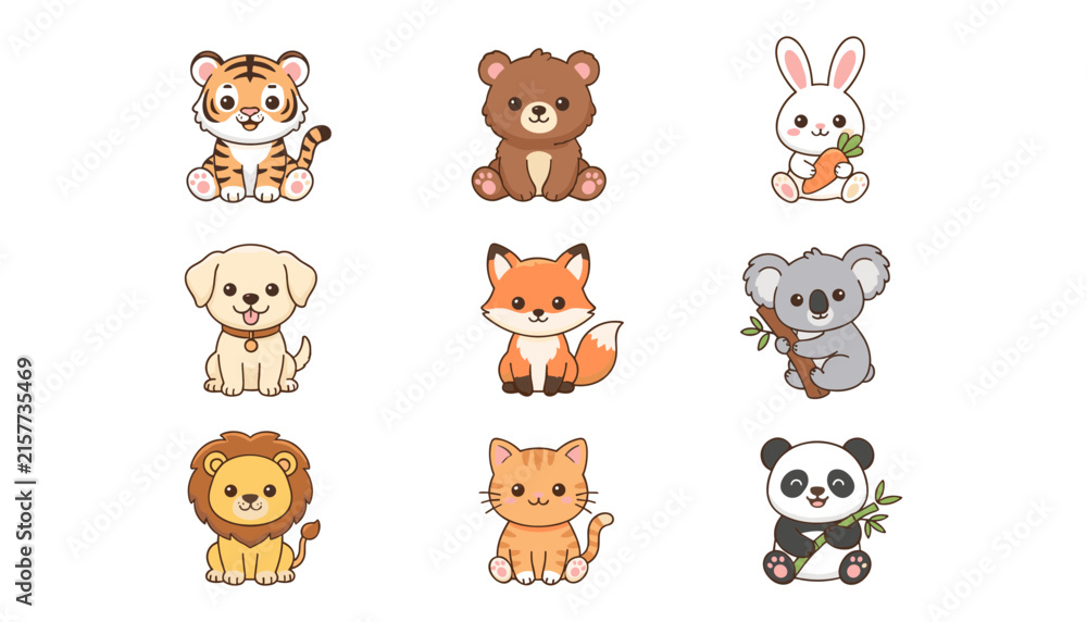 Obraz premium Cute Sitting Baby Animal Character Set with Tiger Bear Rabbit Dog Fox Koala Lion Cat and Panda for Nursery Graphic Designs