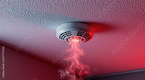 White smoke rises from fire alarm sensor mounted on textured ceiling. Bright red warning light glows on round detector device during active emergency state. Indoor safety system provides smoke