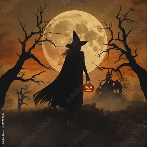 spooky Halloween Witch with Pumpkin Lantern and Haunted House/ Gothic Halloween Night with Witch Silhouette, Full Moon and Dead Trees